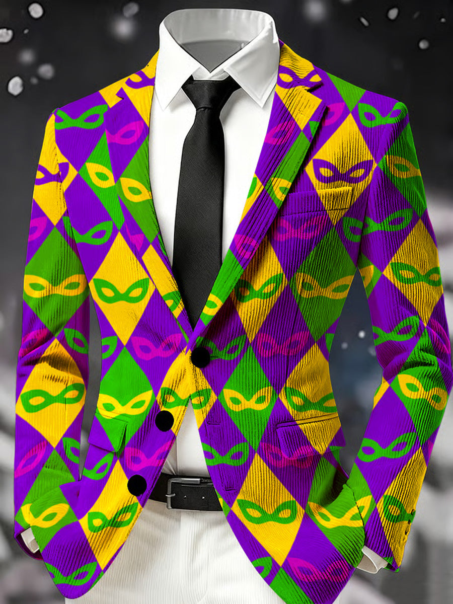 Men's Retro Mardi Gras Art Print Casual Corduroy Pocket Blazers